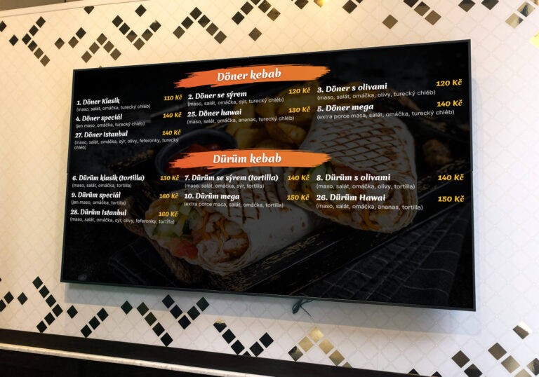 digitální menuboard s kebab nabídkou