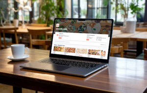 notebook s otevřeným prohlížečem a e-shopem na objednání jídla online