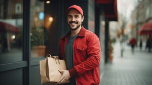 usměvavý kurýr, který drží v ruce tašku s objednávkou pro zákazníka